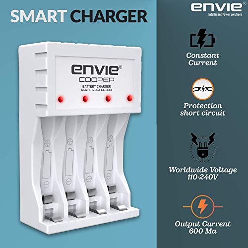 Image of ENVIE (ECR 20 MC+4xAA1000) Standard Rechargeable Battery Charger for AA & AAA Ni-mh /Ni-Cd, LED Indicator, 600MA Output Current, with 4xAA1000 Rechargeable Batteries