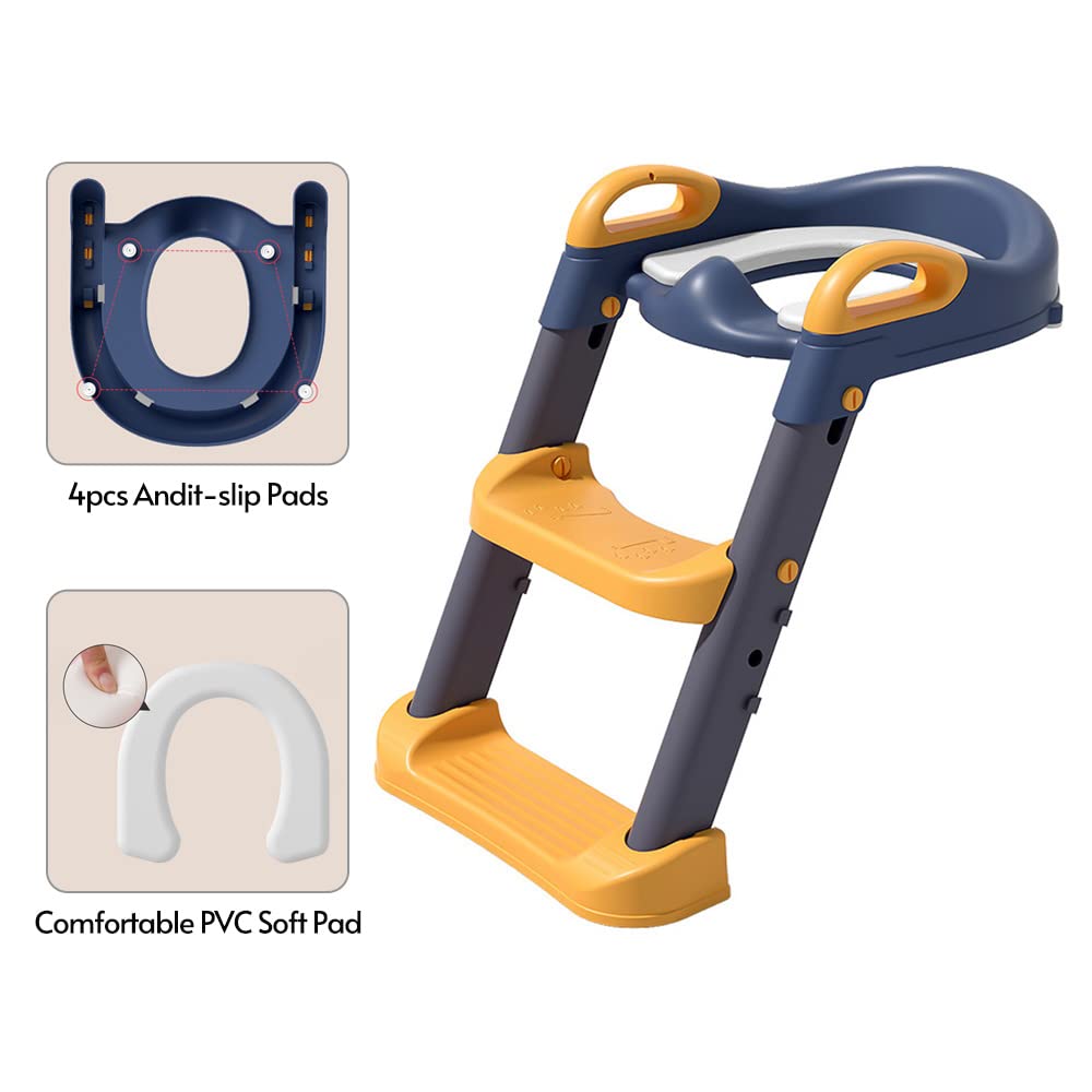 Wakects Sedile WC per Bambini con Splash Guard Anteriore, Riduttore WC Regolabile con Scaletta e Sgabello, Pad in PVC