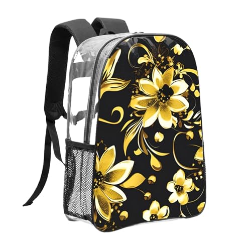 black and gold flowers Print Work Travel Stadium Events Transparent Backpack PVC Clear Bag Large Side Pockets3