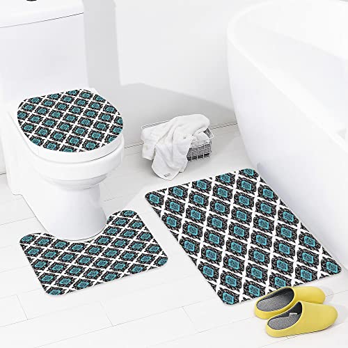 3 teiliges Badematten Set rutschfest U-FöRmige Duschvorleger,Blumen, barocker viktorianischer Stil, antike Renaissance…