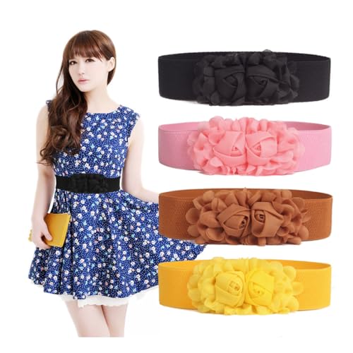 2PCS Women's Double Flower Stretchy Belt Elastic Wide Chunky Waistband Belts Cinch Belts for Dress2