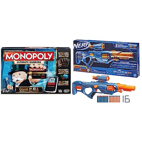 Image of Monopoly Ultimate Banking Edition Board Game Gun Toy, Multi Color Game & Nerf Elite 2.0 Eaglepoint RD-8 Blaster,8-Dart Drum, Detachable Scope and Barrel, 16 Nerf Darts, Bolt Action