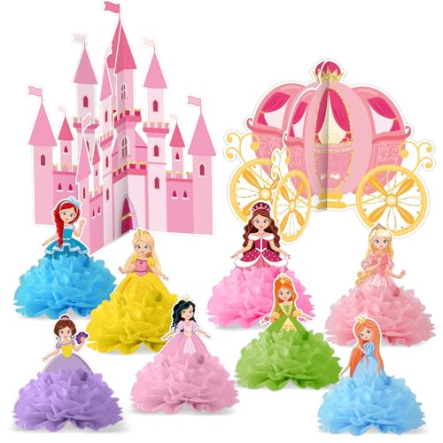 10 Set Princess Birthday Party Decorations Cartoon Princess Paper Flower Honeycomb Centerpieces Paper Flowers Castle Carriage Party Table Topper Decor for Girls Birthday Baby Shower Table Decorations