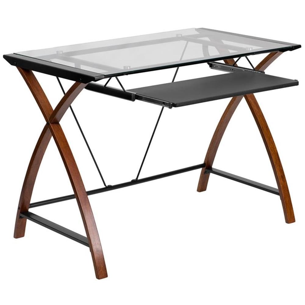 Pemberly Row Modern Glass Keyboard Computer Desk in Clear Cherry