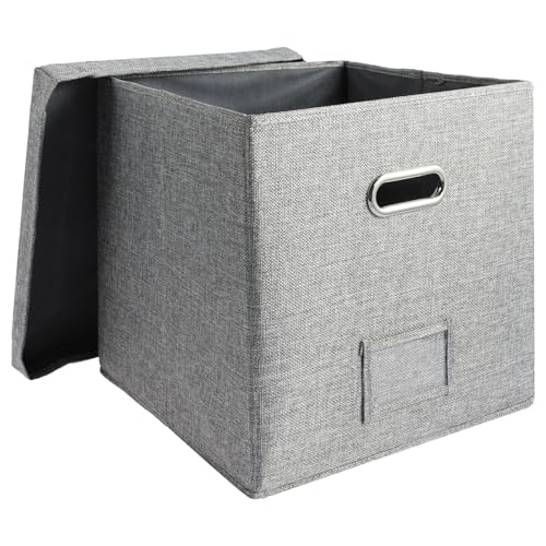 Sutowe Boîte de rangement pour plus de 50 disques simples - 33 x 33 x 33 cm - Boîte de rangement pour album LP - En tissu - Avec couvercle - Pour déménagement, bureau, armoire - Gris