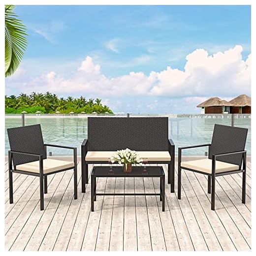 bigzzia Juego de Muebles de Jardín de Ratán, Muebles Jardin Exterior, 4 Piezas Conjunto Mesa y Sillas Jardin, Incluye 2 Sillones, 1 Sofá de Dos Lugares y 1 Mesa (Negro)