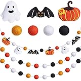3-Piece Halloween Felt Ball Garlands - Pumpkin, Bat, Ghost - Wool Felt Balls - Yellow, Orange, Black & White