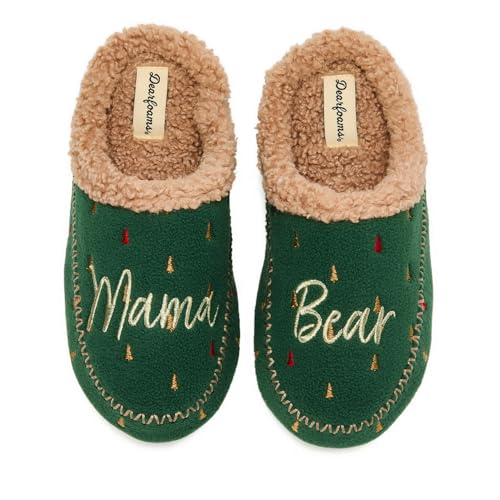 Dearfoams Women's Matching Family Holiday Mama Bear Sherpa Lined Moc Toe with Embroidery Slipper, Spruce, L