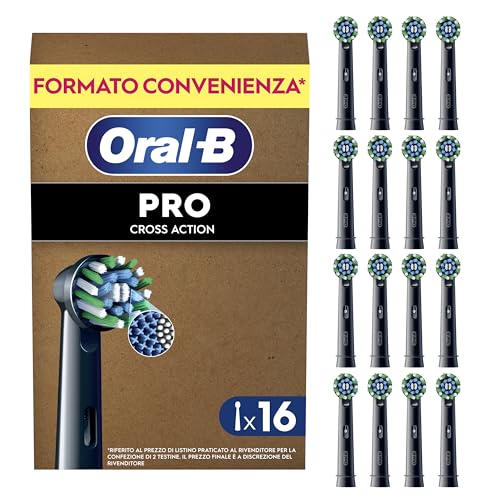 Oral-B Testine di Ricambio, Cross Action, Nere, 16 Ricambi - 16 Testine di Ricambio per Spazzolino Elettrico, Autentiche, Setole Angolate che si Adattano a ogni Dente per una Pulizia Profonda