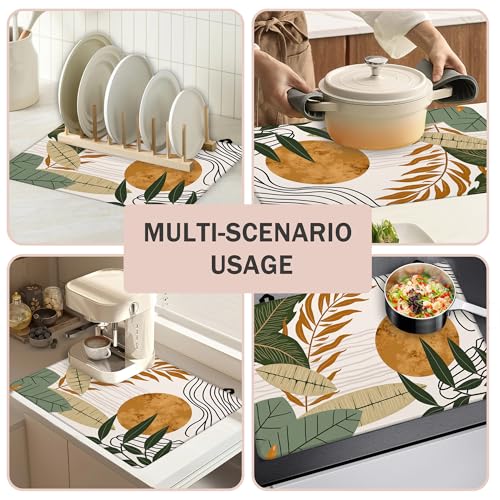 Image of Boho Leaves Stove Top Covers Pad 28 x 20 inches Dish Drying Mat Coffee Bar Mats Kitchen Decor Absorbent Pad Fit Coffee Maker Machine Dish Drying