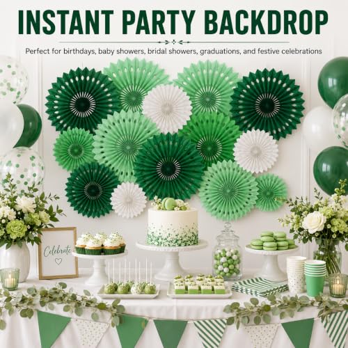 Image of Green White Party Decoration Hanging Honeycomb Round Paper Fans Kit for Theme Birthday Baby Shower Summer Forest Patrick's Irish Backdrop Party Supplies 11 Count
