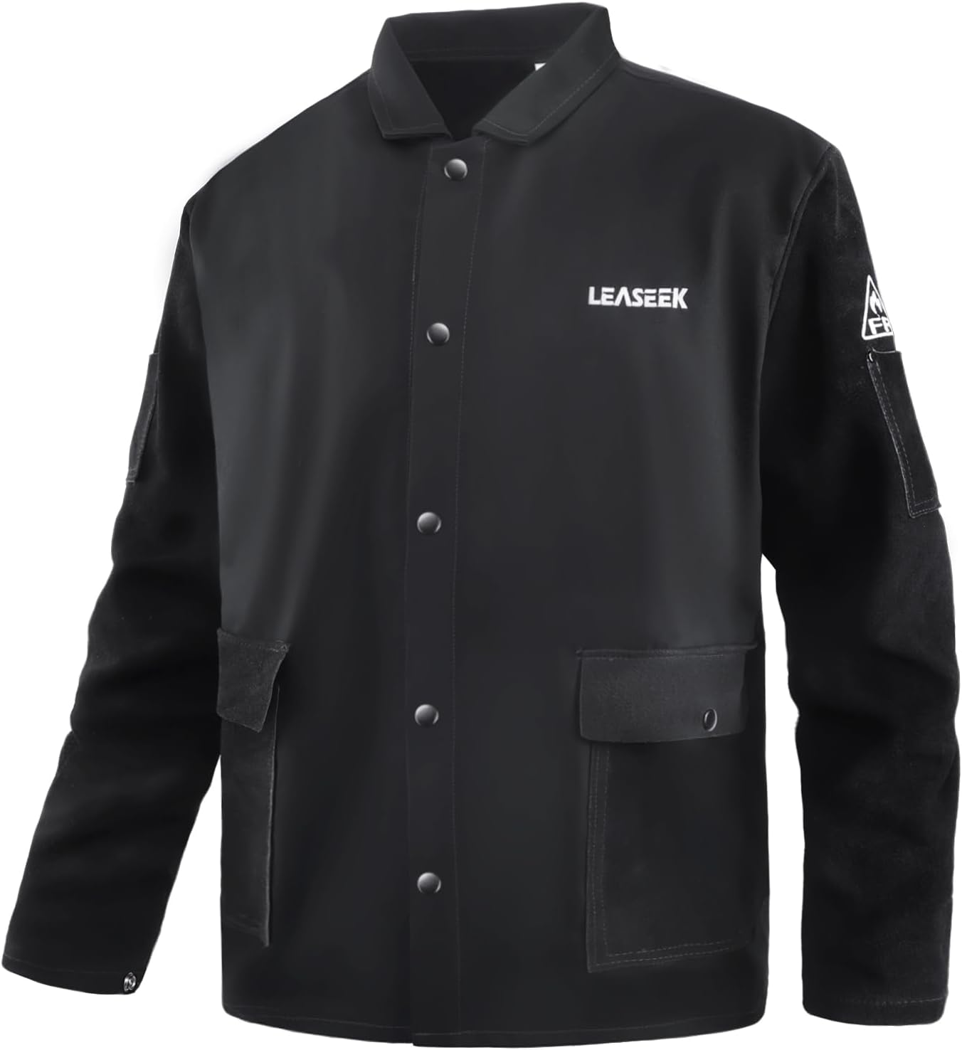LeaSeek Welding Jacket Leather Sleeves | Flame Resistant (FR) Cotton Weld Coat | Welder Jacket for Men Women | Black, S-4XL