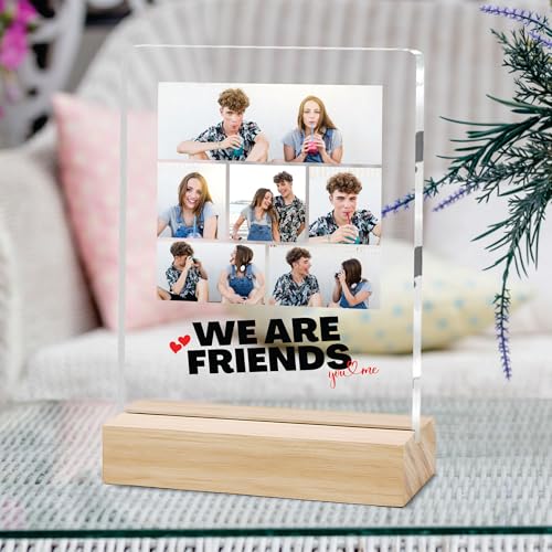 Image of Giftplease Customized Friends Plaque with Wooden Stand | Personalized Photo Frame with Quote | Best Friend Birthday Gift, Farewell Gift, Friendship Day Gift for BFF Keepsake Room Decor FR 09