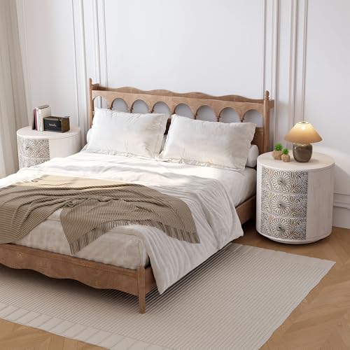 Image of HOMPUS Round End Table Set 2, Fully Assembled Nightstand w 3 Storage Drawers, Farmhouse Wood Dresser Set of 2, Vintage Nightstand Bedside Tables, Aceent End Tables for Bedroom, Rustic White