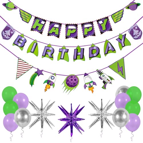 Pirese Space Birthday Decorations Space Ranger Happy Birthday Banner with Balloons Pre-Strung Outer Space Party Supplies Rocket Starburst Foil Balloons for Kids Birthday Party Decor