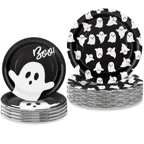 48Pcs Halloween Paper Plates Ghost Disposable Plates 9 Inch & 7 I...