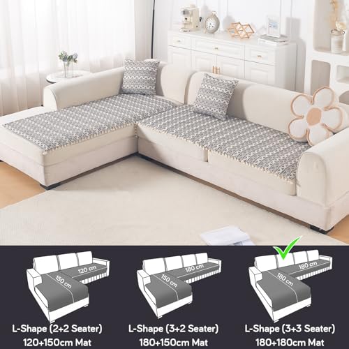 Image of HOKIPO L Shape (3+3 Seater) Sofa Cover Seat Mat | 300 GSM Cotton Acrylic Jacquard Fabric with Tassel, 'Trivana Series' Charcoal Black (IN-936-J6*2)