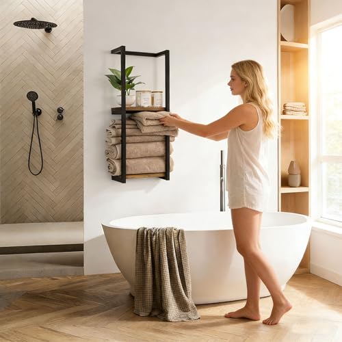 Toallero de madera resistente al agua con montaje de pared fácil 3