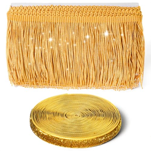 Gold Glittery Fringes 5 Yards x 3.74 Inch Fringe 5 Yards Sequin Trim Polyester Sewing Trims for Crafts Clothing Curtain Decor