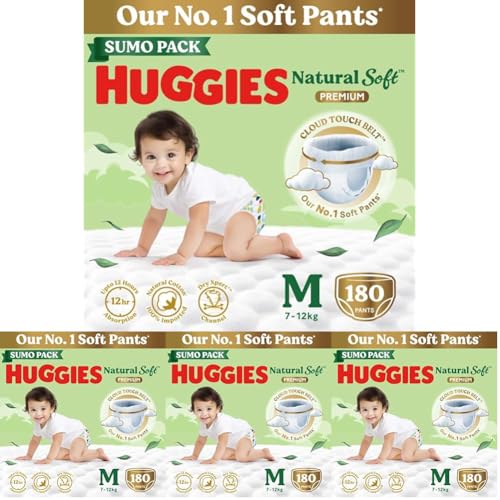 Image of Huggies Natural Soft Premium Baby Diaper Pants, Our No.1 Soft Pants, Medium (M) Size (7-12 Kgs), Sumo Pack of 720 diapers | Cloud Softness All over with India's 1st Cloud Touch BeltTM (60 Count, Pack of 3)