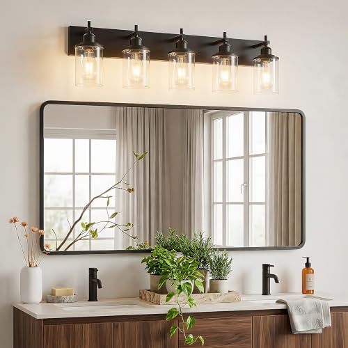 Lanhall 5-Light Black Bathroom Light Fixture Over Mirror Modern Farmhouse Bathroom Vanity Light Vintage Wall Lighting with Clear Glass Shade for Bathroom, Bedroom, Hallway, Cabinet by Lanhall - Used condition - Image 2