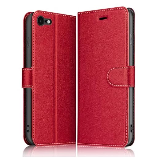 ELESNOW Coque pour iPhone SE 2022 / iPhone SE 2020 / iPhone 7 / iPhone 8, Premium Portefeuille Étui Housse en Cuir Compatible avec Apple iPhone SE 2022 / iPhone 7 / iPhone 8 / iPhone SE 2020 (Rouge)