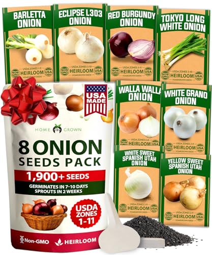 HOME GROWN 8 Onion Seeds for Planting 1,900 Heirloom Vegetable Seeds Grow Sweet, Yellow, Red, Spanish, Green & Vidalia Onions in Outdoor or Indoor Home Garden