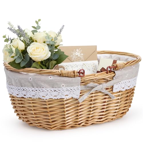 Dicunoy Wicker Picnic Basket with Handle, Large Empty Gift Basket to Fill, Open Top Market Harvest Baskets for Garden, Fruit, Candy, Wine, Easter Egg Gathering, Wedding, Vegetables