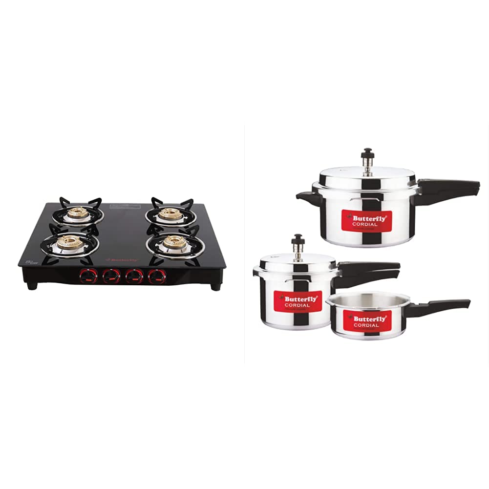 Butterfly Smart Glass 4 Burner Gas Stove, Black + Butterfly Cordial 2 L, 3 L & 5 L Induction Bottom Pressure Cooker (Aluminium)-image-12