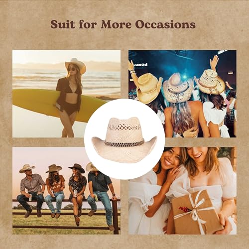 Image of Straw Cowboy Hats Cowgirl Hat Western Cowboy Hat Rancher Hat for Men Women, Exquisite Decoration Band