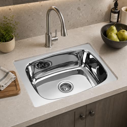Image of Stainless Steel Kitchen Sink 22x18 Inch | Single Bowl Sink | With SS Waste Coupling & PVC Pipe | Rust Proof & Easy to Clean