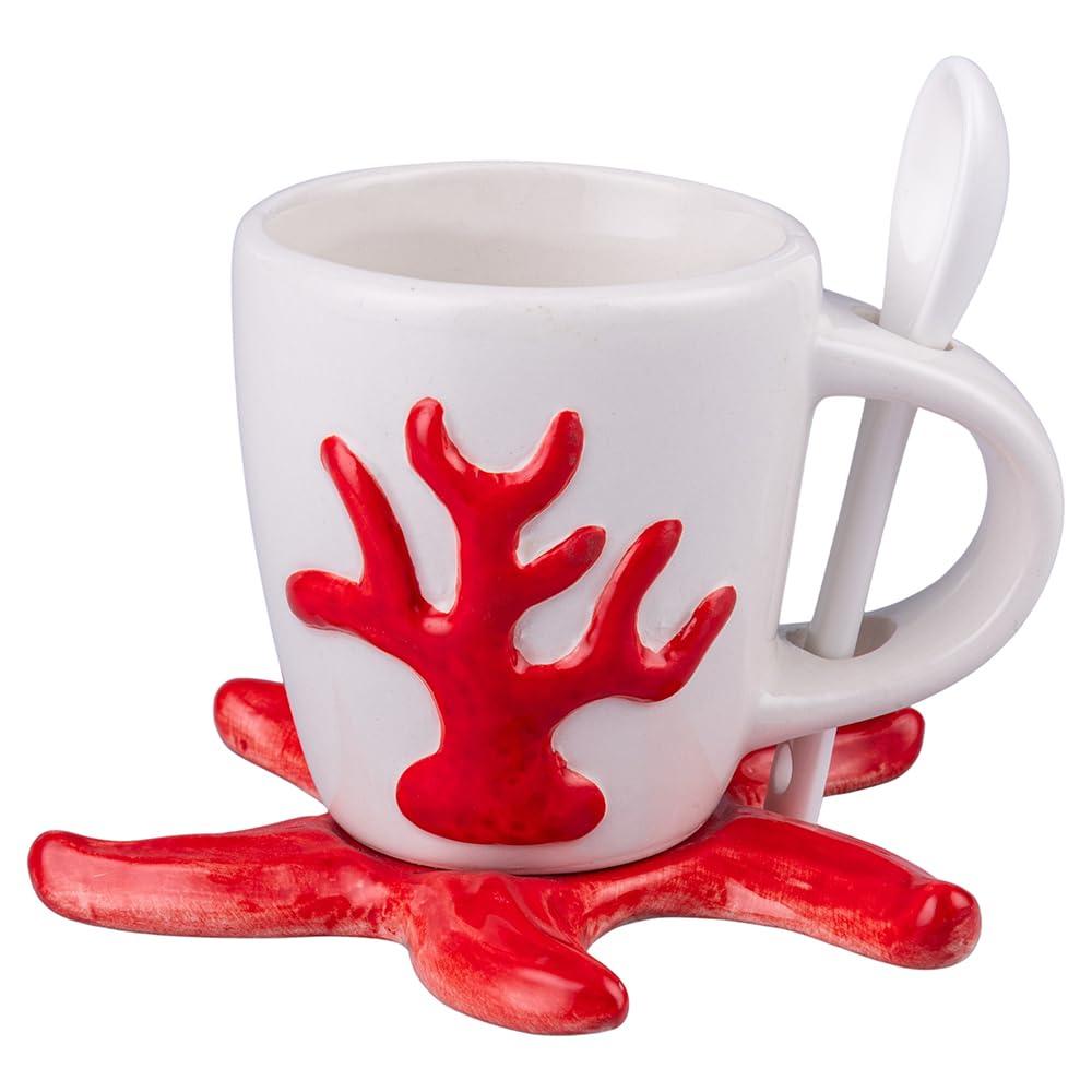 Set 6 Tazzina caffè 90 ml in ceramica con cucchiaino, decoro marino, Ocean