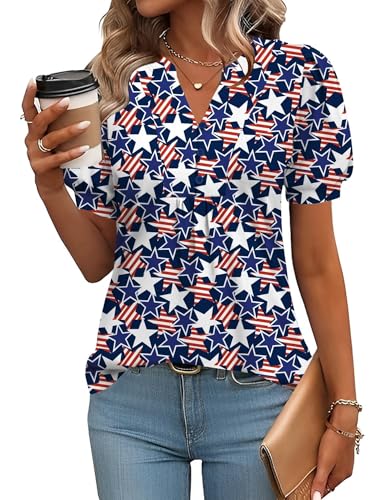 Image of IECCP Womens Tops Puff Short Sleeve Shirts Dressy Casual Henley V-Neck Summer Tops Pleated T-Shirts Loose Fit Tunic Blouses