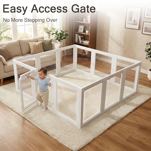 Image of Clear Acrylic Baby Playpen with Gate, Play Pen for Babies and Toddlers, DIY Shape, 59 inchx59 inch Indoor See-Through Baby Fence Playard, 12 Pannels