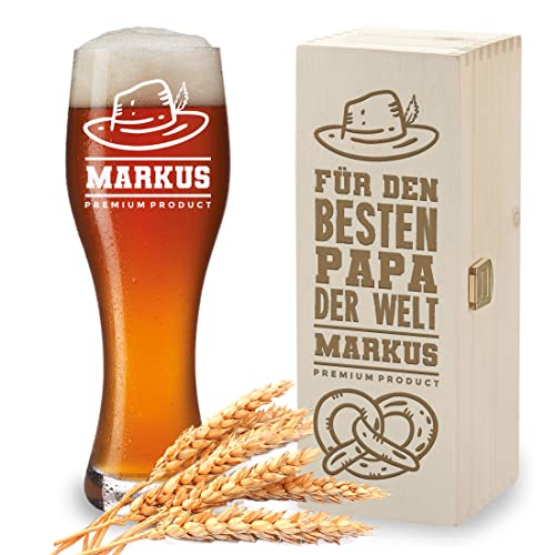 Vaso de cerveza de trigo + caja de madera con grabado personalizado, diseño de mejor papá, 1 caja de madera auténtica, 1 vaso de cerveza de 500 ml, regalo para hombres, papá, abuelo, abuelo