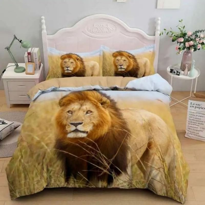 Housse de couette 240x260 lion beige microfibre anti-plis facile à laver