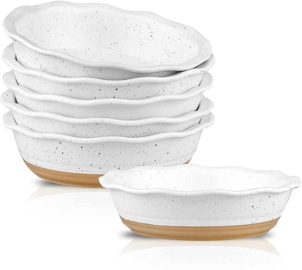 Ceramic Pot Pie Pans Set of 6, 6 Inch Pie Pan, Mini Pie Tins for Dessert Kitchen, Non-Stick Pot Pie Dishes with Ruffled Edge, Pot Pie Baking Dishes, Farmhouse Style (White)
