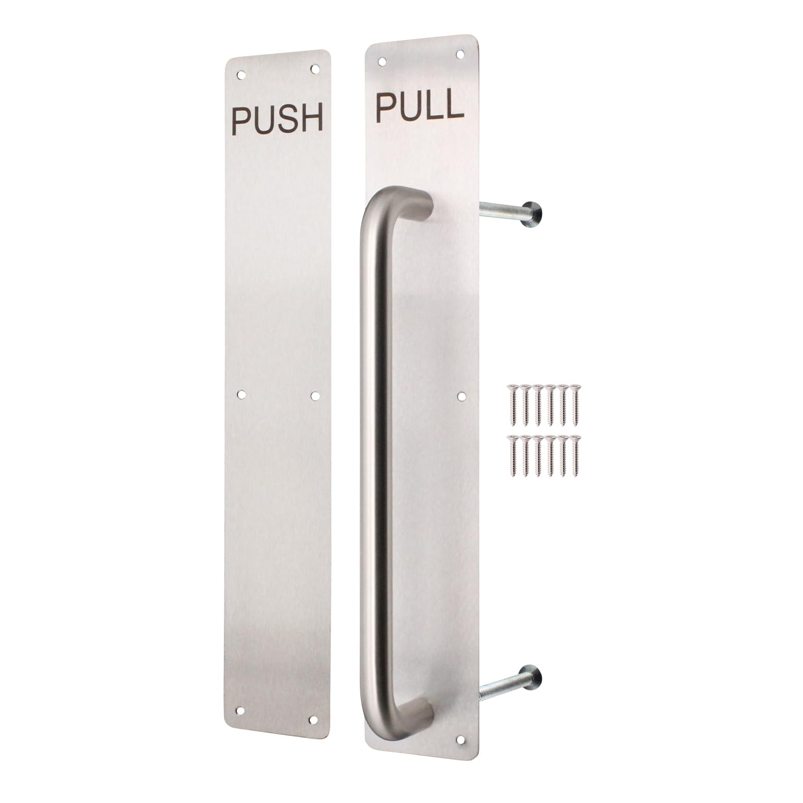 EAI Satin Push Pull Handle on Plate, 475 x 75mm Commercial Handle on Finger Plate Satin Stainless for Schools, Offices, Shops & More