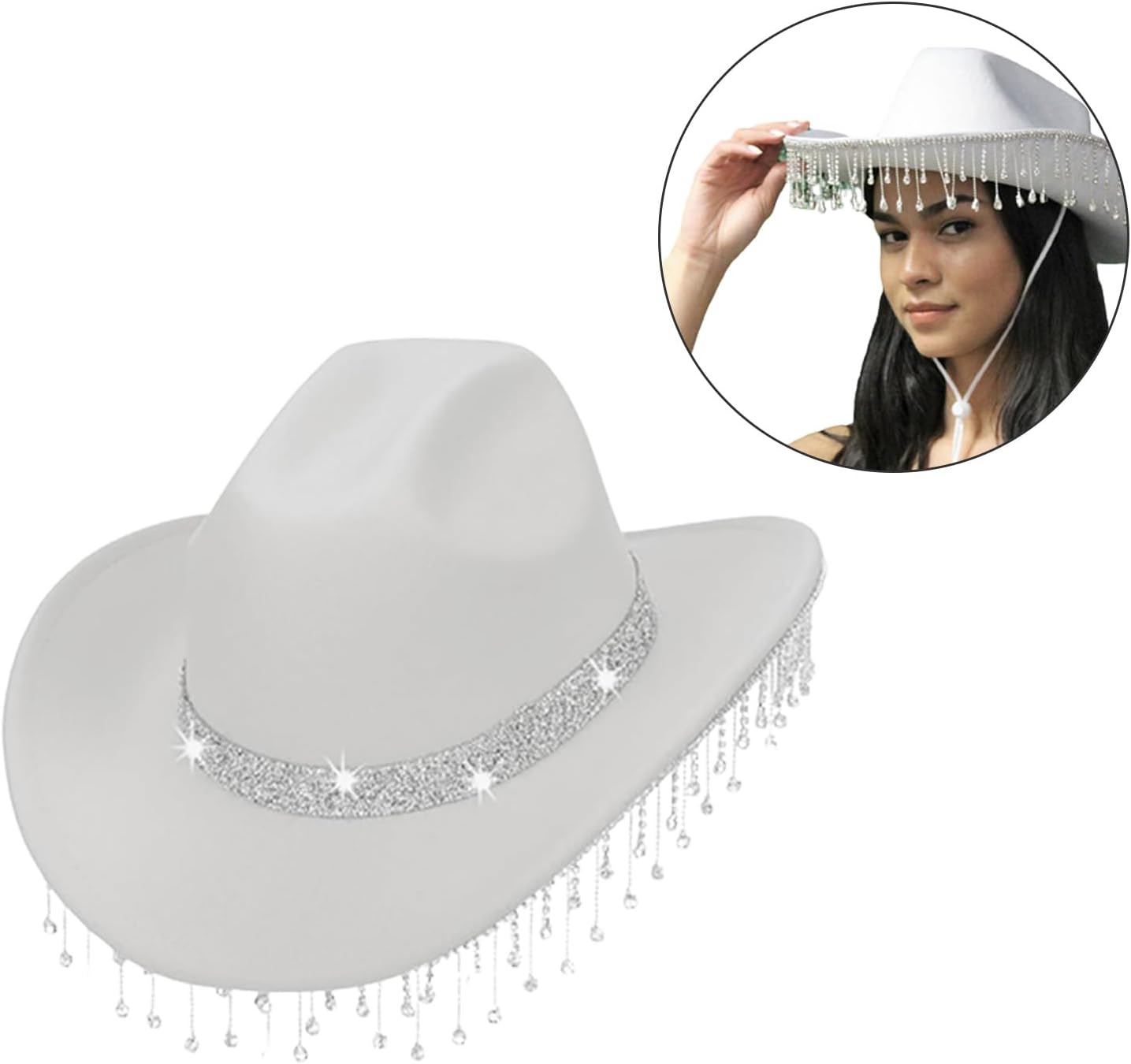 Cowboy hat,Vintage Country Western Giltter Rhinestones Tassels for Party Photo Props Headwaer Gifts White