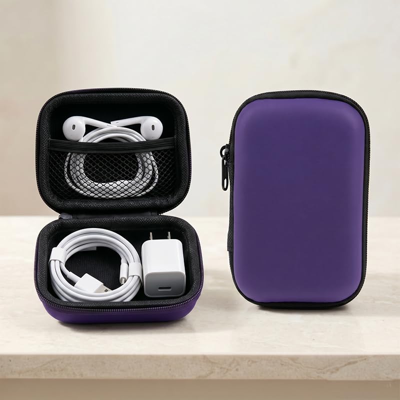 Digital Storage Organizer for Mobile Phone Accessories Including Cables, Chargers, and Earphones, Purple
