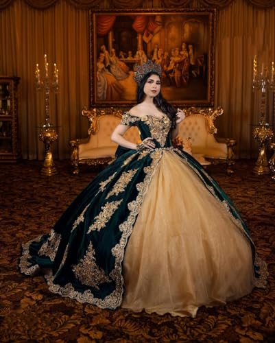 Mouccy Vintage Gold Appliques Quinceanera Dresses Velvet Beaded Sweet 16 Dresses with Train Off Shoulder 3D Floral 15 Dress4