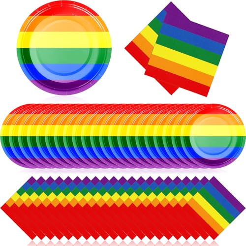 Zhehao 120 Pcs Rainbow Pride Party Decorations Include Rainbow Disposable Paper Plates and Napkins Colorful Stripe Party Supplies for Pride Birthday Graduation Month