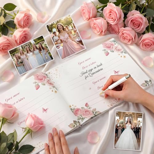 Image of MotiMind Quinceanera Guest Book with Pen 11 x 8 Inch Libro De Firmas Para 15 Anos Quinceanera Leather Hardcover Signature Guest Sign in Book for 15th Party Favors Decoration(Light Pink,Bow)
