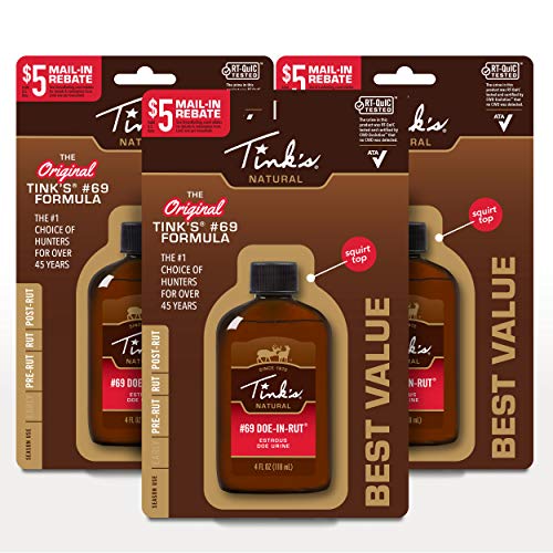 TINK'S Synthetic #69 Doe-in-Rut Deer Attractant Liquid Estrous Doe Urine Scent for Hunting (4 Oz) 3 Pack - Longlisting Estrous Doe Urine Hunting Scents - Hunting Lure/Attractant - Advanced Deer Lure
