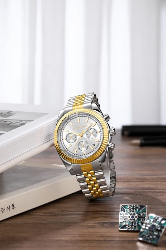 Image of GIORDANO Chronograph Analog Watch for Men - Textured Bezel, Luminous Index Markers, Stainless Steel Strap & Date Display