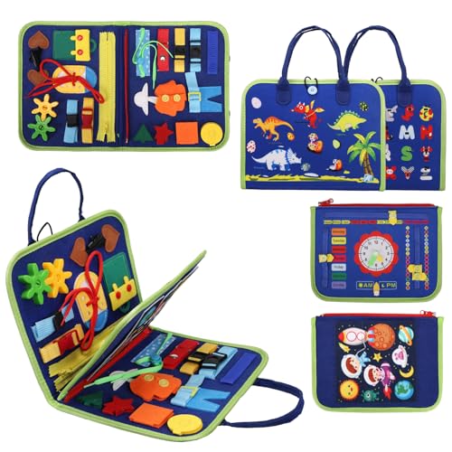 LUURIE Montessori Busy Book Learning Skills Activity Book for Toddlers Educational Sensory Toy with Letters and Puzzles Preschool Plane Car Travel Toy for Toddlers Dinosaurs Theme