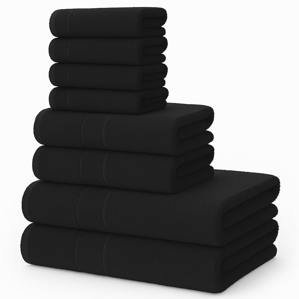 Diamond Tex Luxury 8 Pcs Towels Bale Set 100% Egyptian Cotton Face Cloth, Hand Towel, Jumbo Bath Towel 600-GSM Soft and Absorbent Gym, Golf, Spa, Beach Towels (Black)