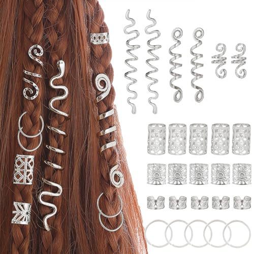 Snmzlc 86 Pcs Serpentine shaped silver hair braids dreadlock hair beads Non-Piercing Ear Clip hair jewelry for braids accessories for Women Men Hair AccessoriesUS365 (silver)