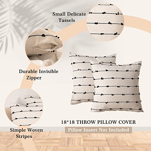 Boho Throw Pillow Covers 18X18 Set Of 2 Modern Farmhouse Decorative Cushion Case Tufted Natural Linen Square Pillows Cover Neutral Pillow Cases Accent Pillowcase For Sofa, Couch, Bed, Beige And Black #TOP4