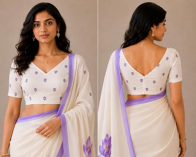 Image of Lilan Cotton Saree with White Daisy Floral Prints Tassel Pallu Lightweight Summer Saree